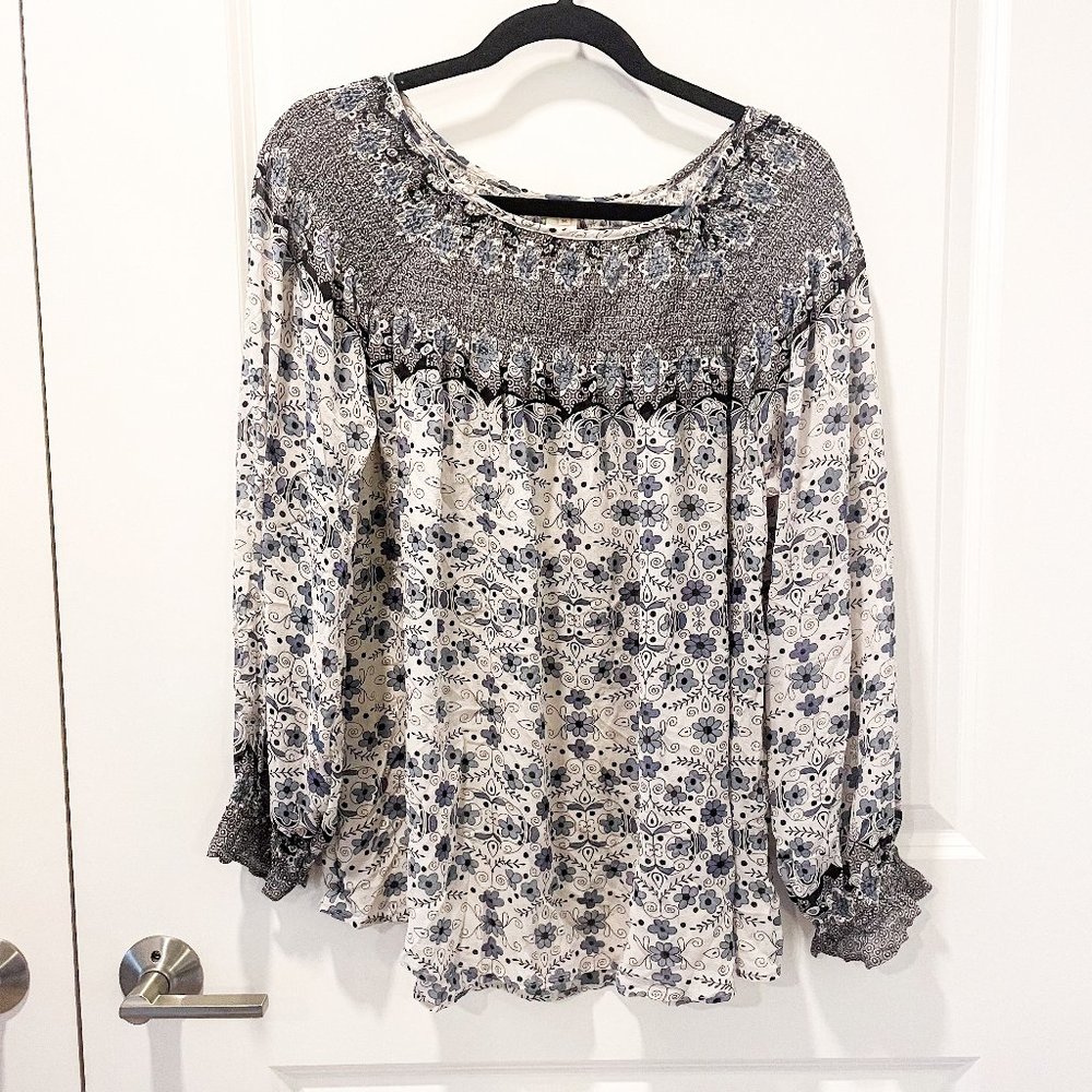 Sundance 100% Silk Floral Print Long Sleeve Smocked Blouse